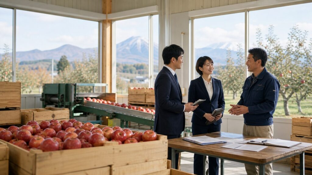 青森 りんご農家 M&Aと選果場の事業承継を相談する様子