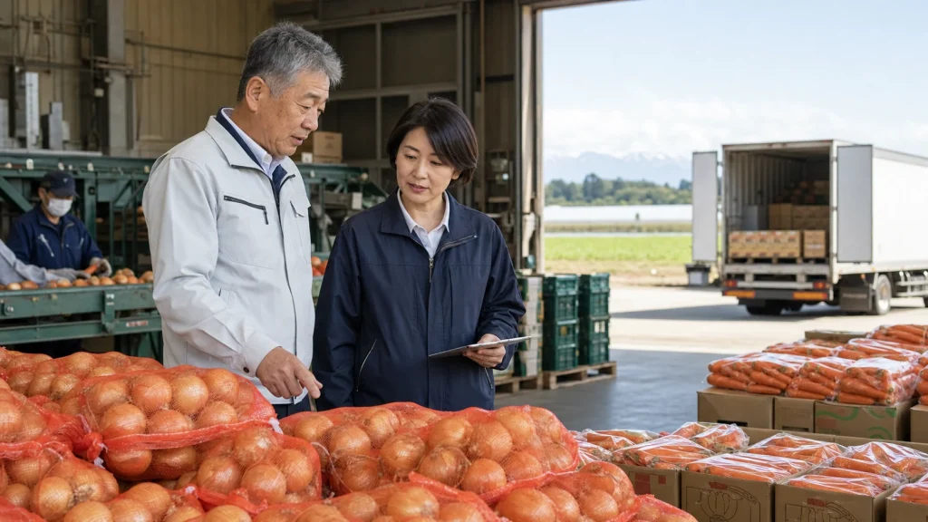 たまねぎとにんじんの集出荷施設で品物と物流計画を確認する経営者と担当者（モデル事例のイメージ）