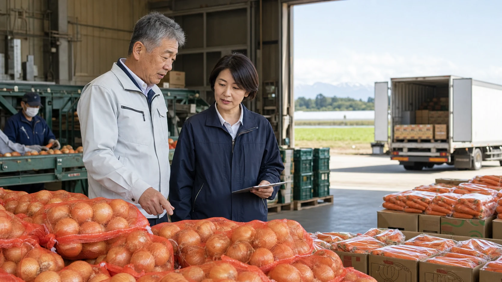 たまねぎとにんじんの集出荷施設で品物と物流計画を確認する経営者と担当者(モデル事例のイメージ)