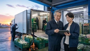 早朝の青果配送拠点で冷蔵車の運行計画を確認する経営者と物流担当者（モデル事例のイメージ）
