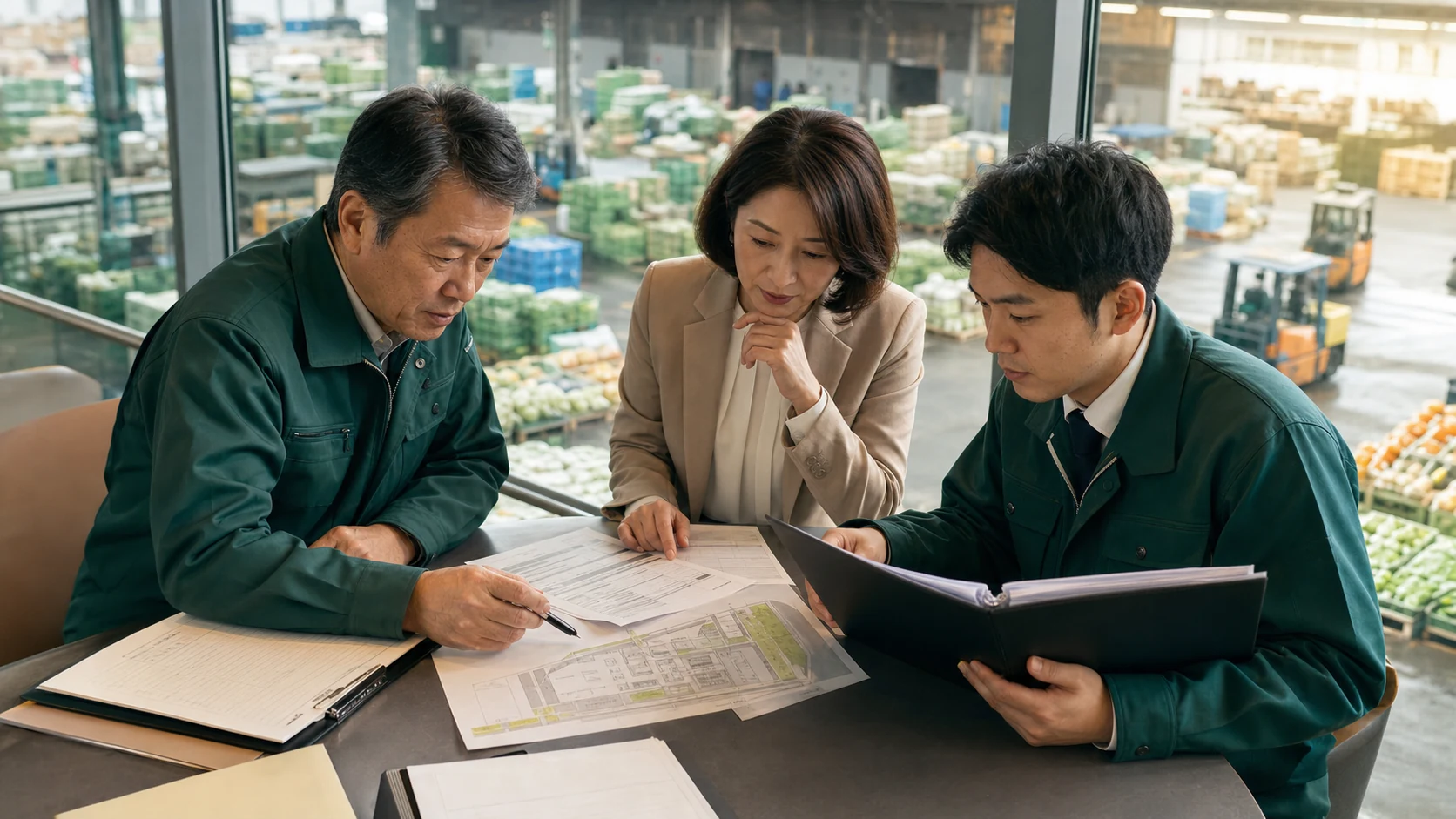青果卸売市場を見渡す事務所で市場図面と契約書類を確認する三人(イメージ)