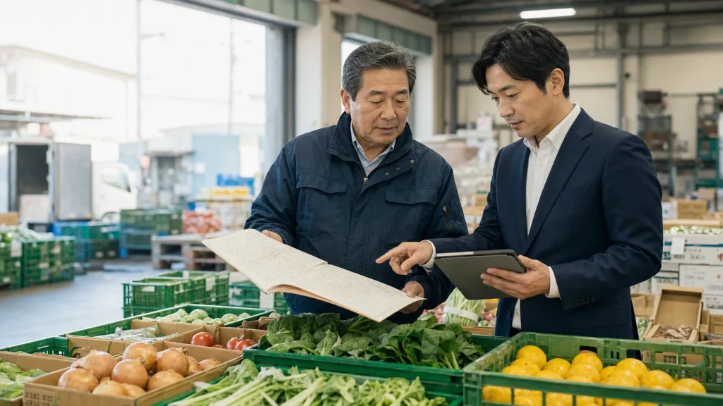 青果物の並ぶ卸売現場で帳簿とタブレットを確認する経営者とアドバイザー（イメージ）
