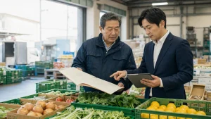 青果物の並ぶ卸売現場で帳簿とタブレットを確認する経営者とアドバイザー（イメージ）