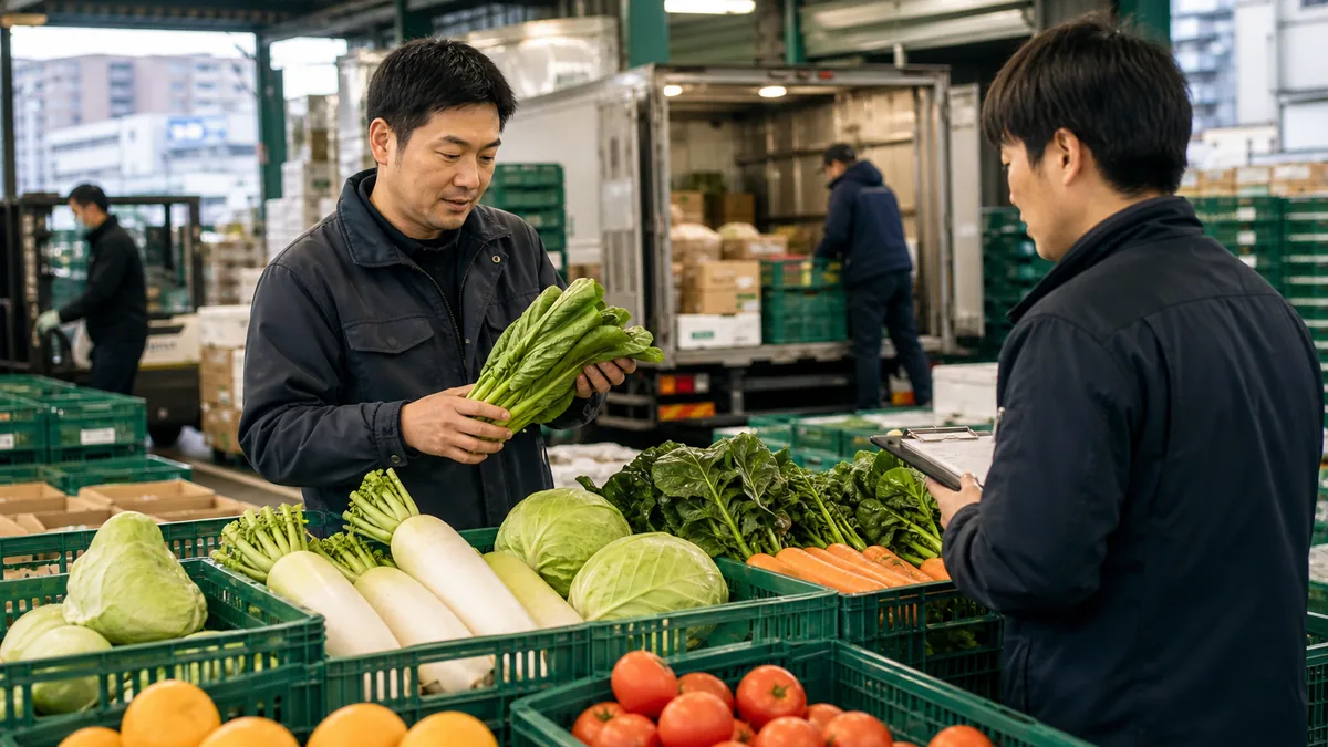 早朝の青果卸売市場で品物と商流を確認する担当者