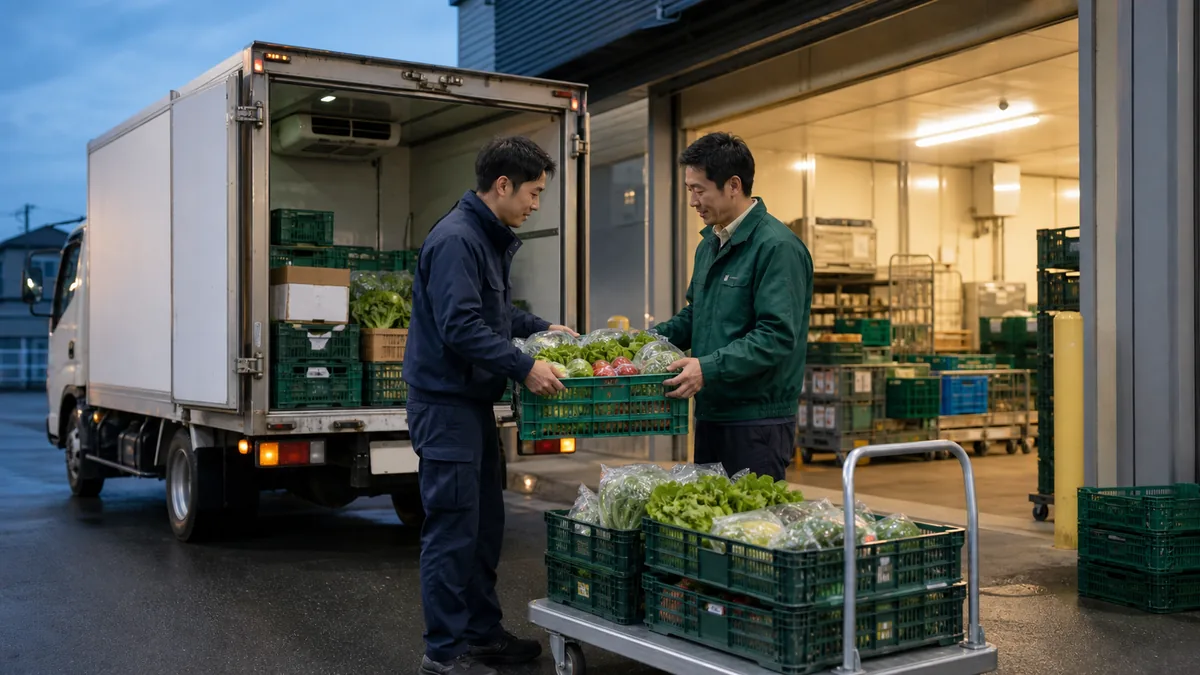 量販店の搬入口で青果の冷蔵配送を確認する配送担当者と受入担当者