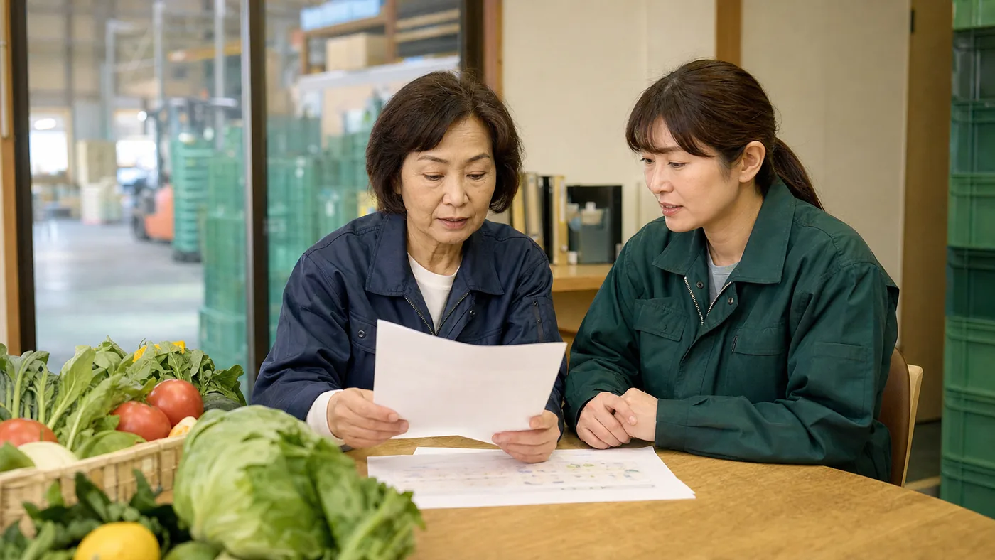 青果倉庫に隣接する事務所で会社の将来を話し合う経営者と次世代責任者(イメージ)