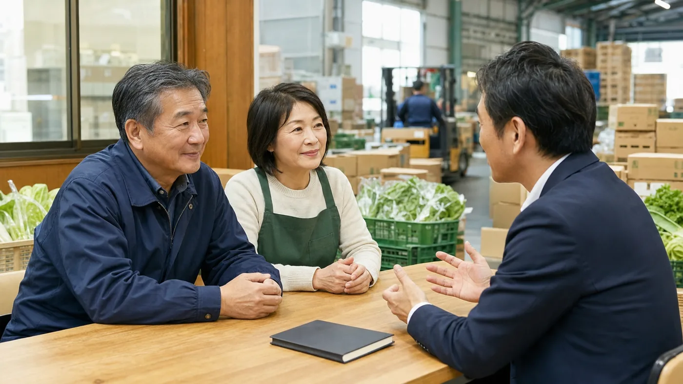 青果倉庫で事業承継について質問する経営者夫妻とアドバイザー(イメージ)