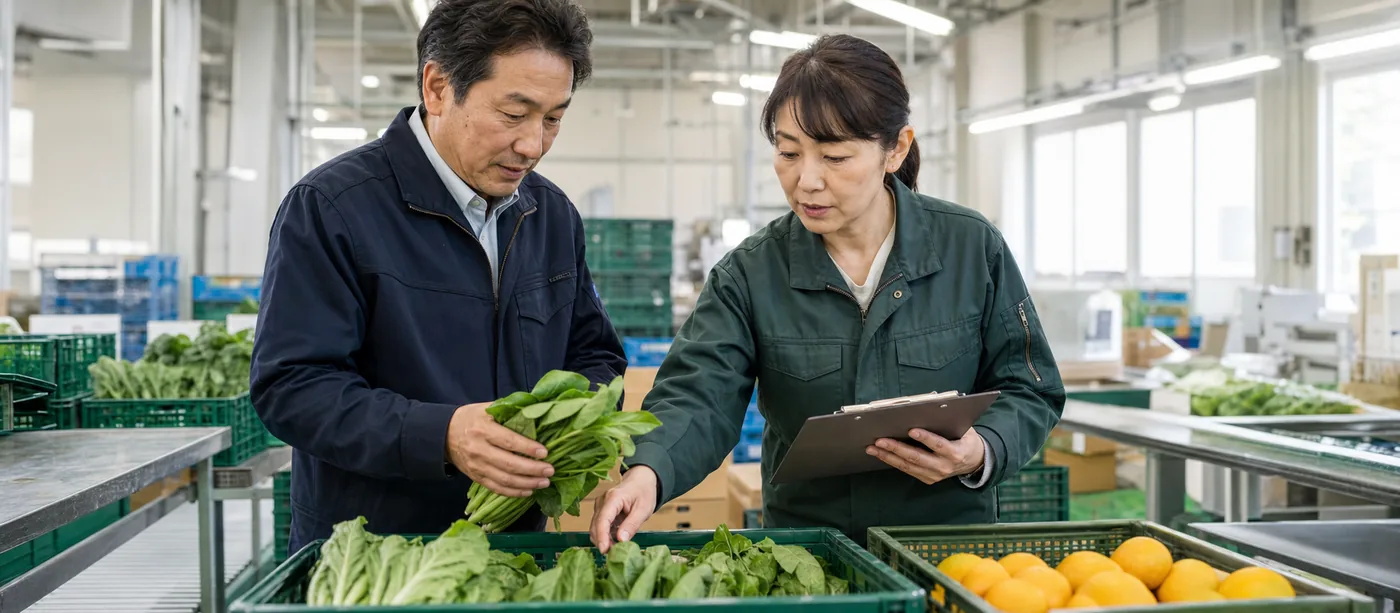 青果の選別施設で品質と荷姿を確認する経営者と品質責任者(イメージ)